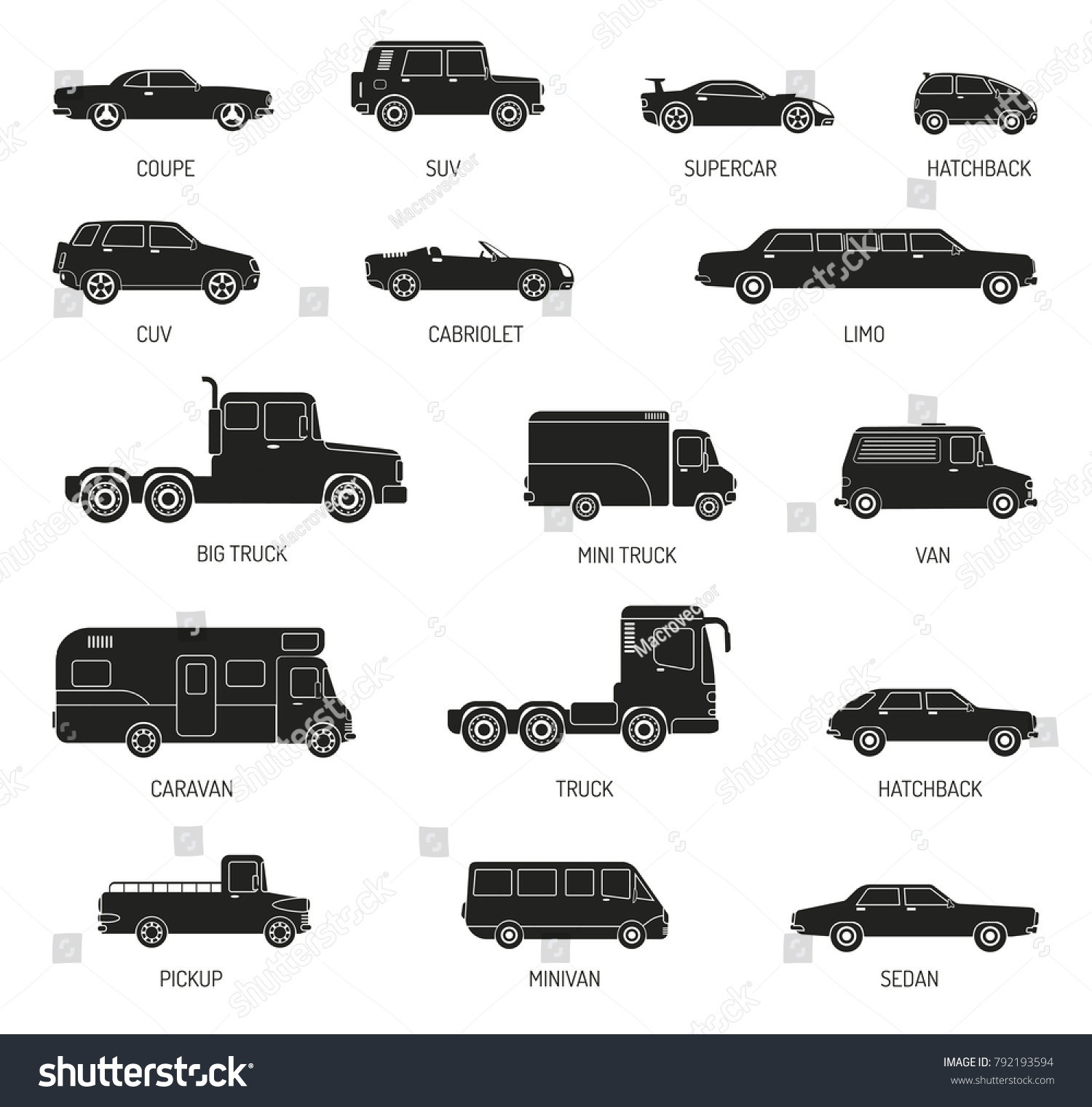 Black Silhouettes Set Different Car Models Stock Vector (Royalty Free ...