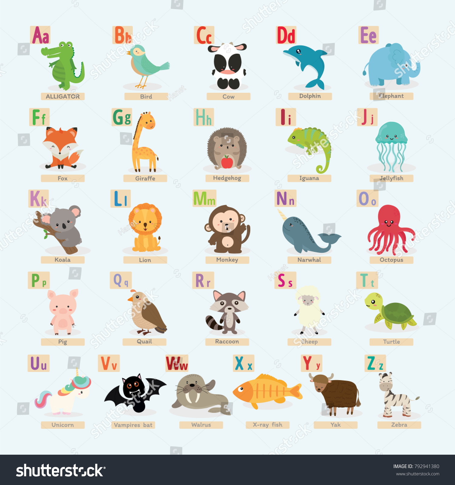 Set Cute Animal Alphabet Stock Vector (Royalty Free) 792941380 ...