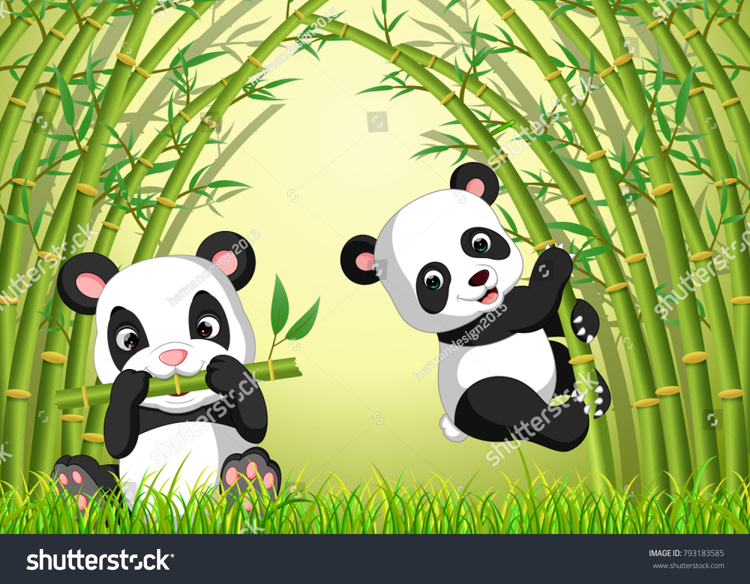 Мультяшная Панда в лесу с бамбуком