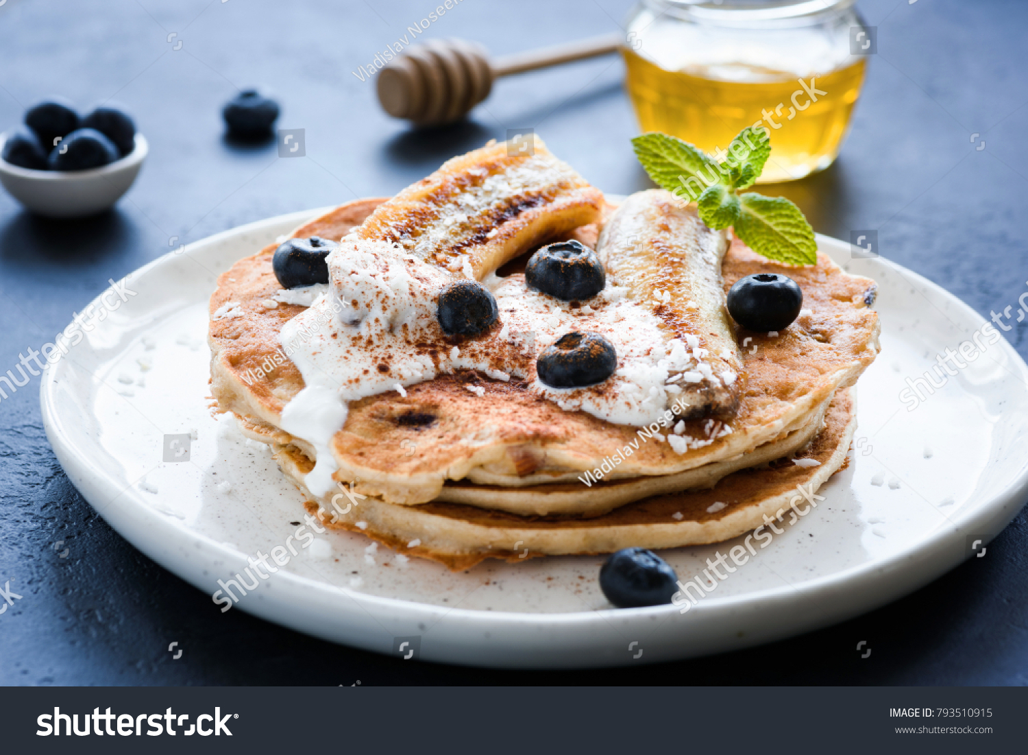 Oat Pancakes Greek Yogurt Roasted Banana Stock Photo 793510915 ...