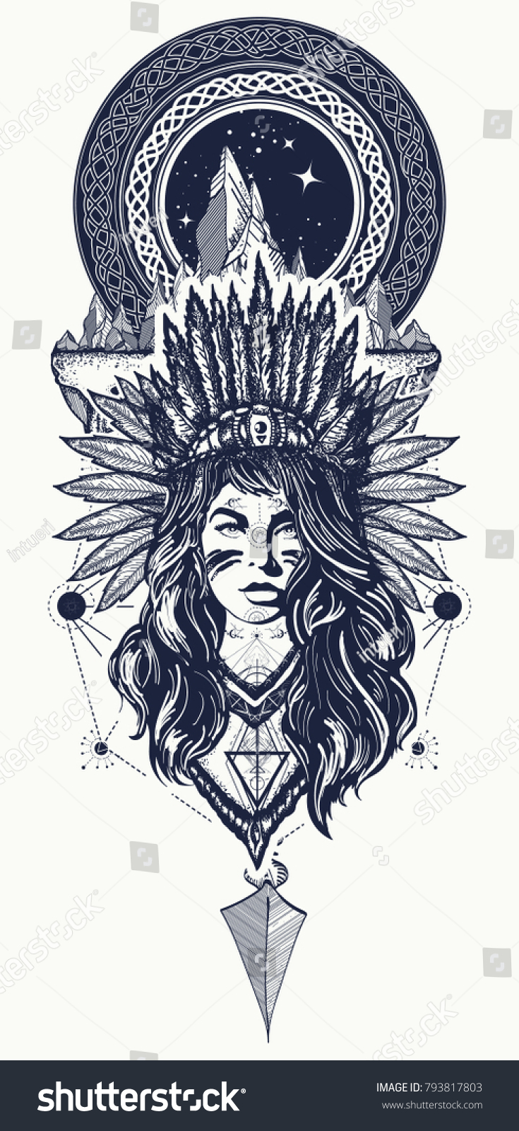 Tribal Woman Mountains Tattoo Tshirt Design Stock Vector Royalty Free   Stock Vector Tribal Woman And Mountains Tattoo And T Shirt Design Native American Warrior Girl Tattoo Art 793817803 