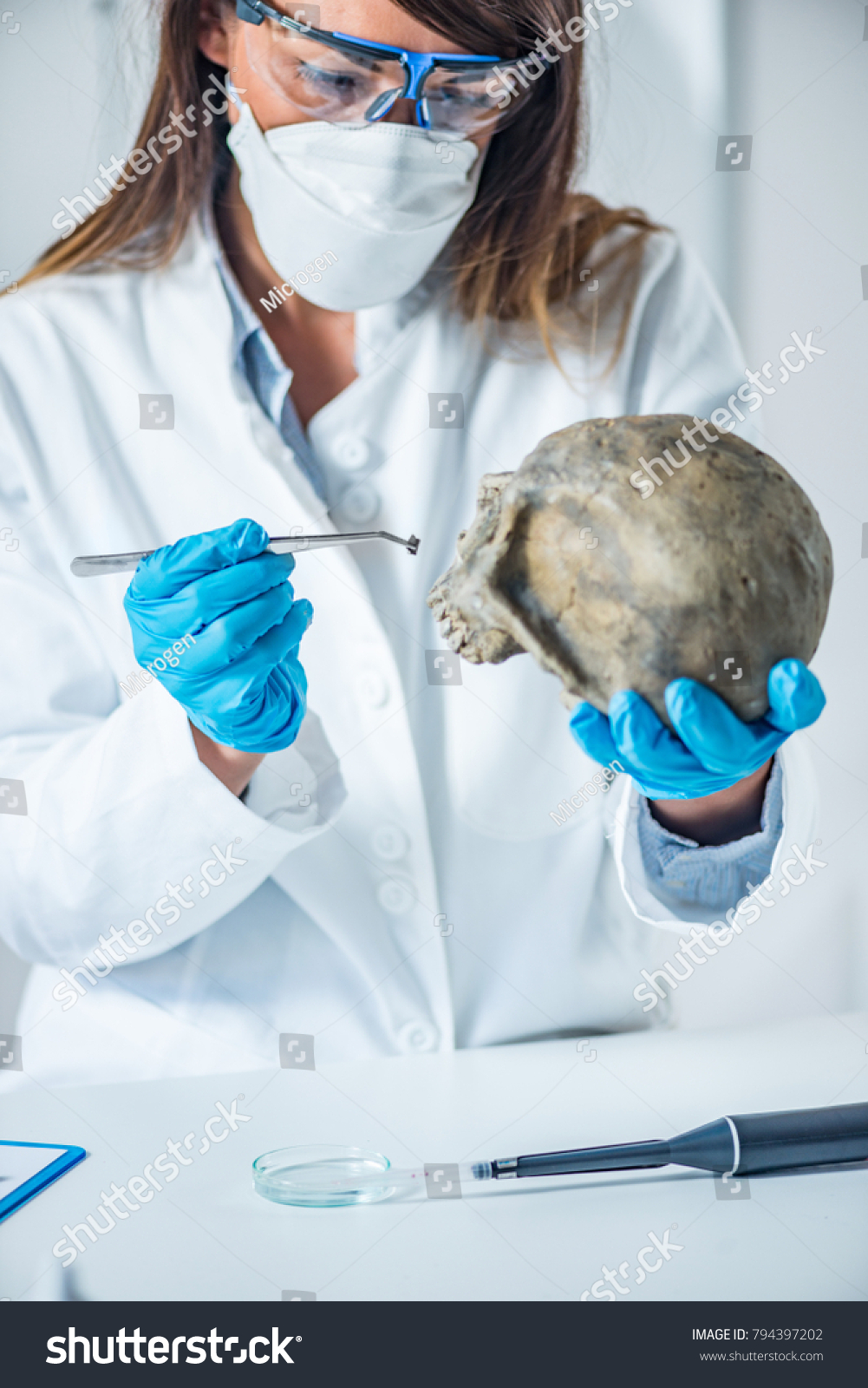 Forensic Scientist Examining Human Skull Stock Photo 794397202 ...