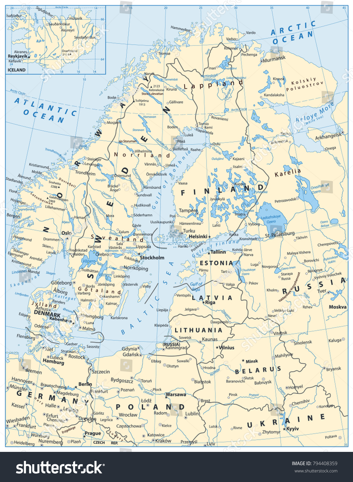 Northern Europe Map Highly Detailed Vector Stok Vekt R Telifsiz Stock Vector Northern Europe Map Highly Detailed Vector Illustration 794408359