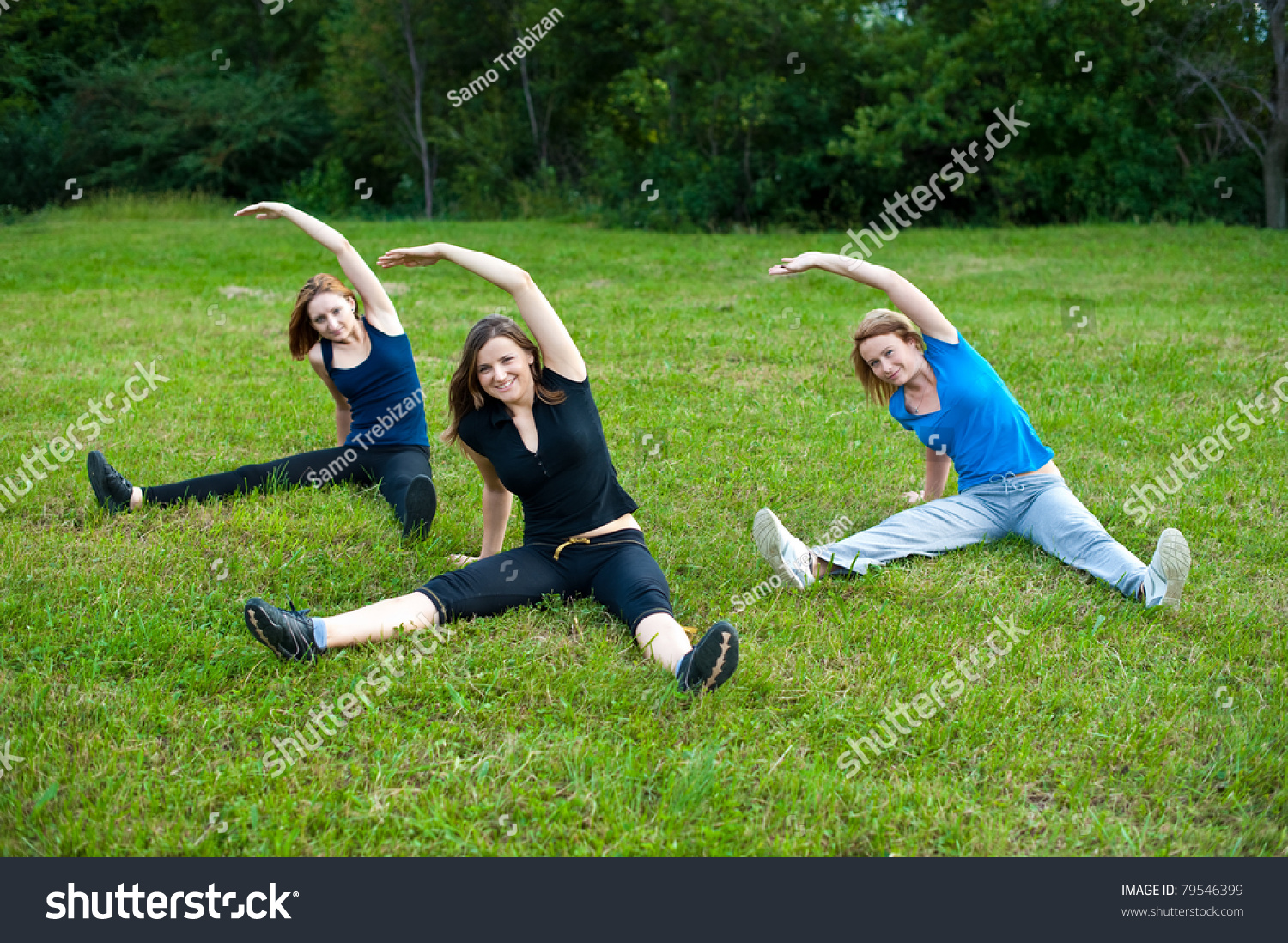 Group Stretching Workout Three Cute Girls Stock Photo 79546399 ...