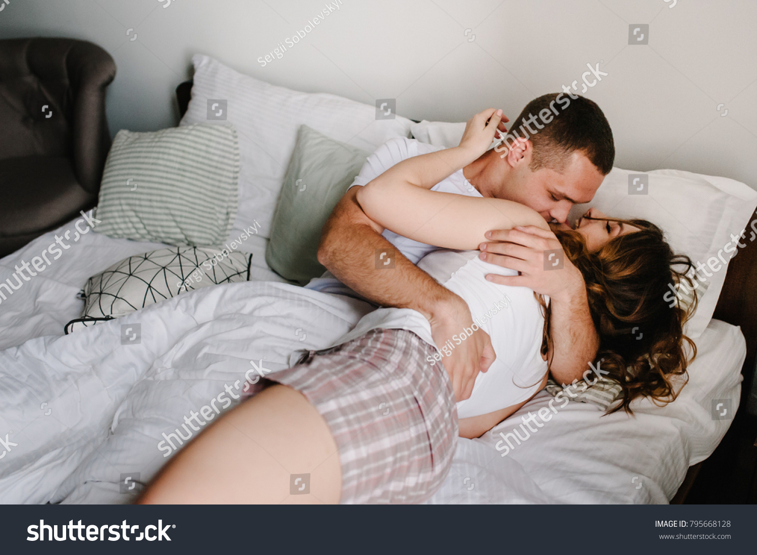 Man Caresses Woman Bed Love Couple