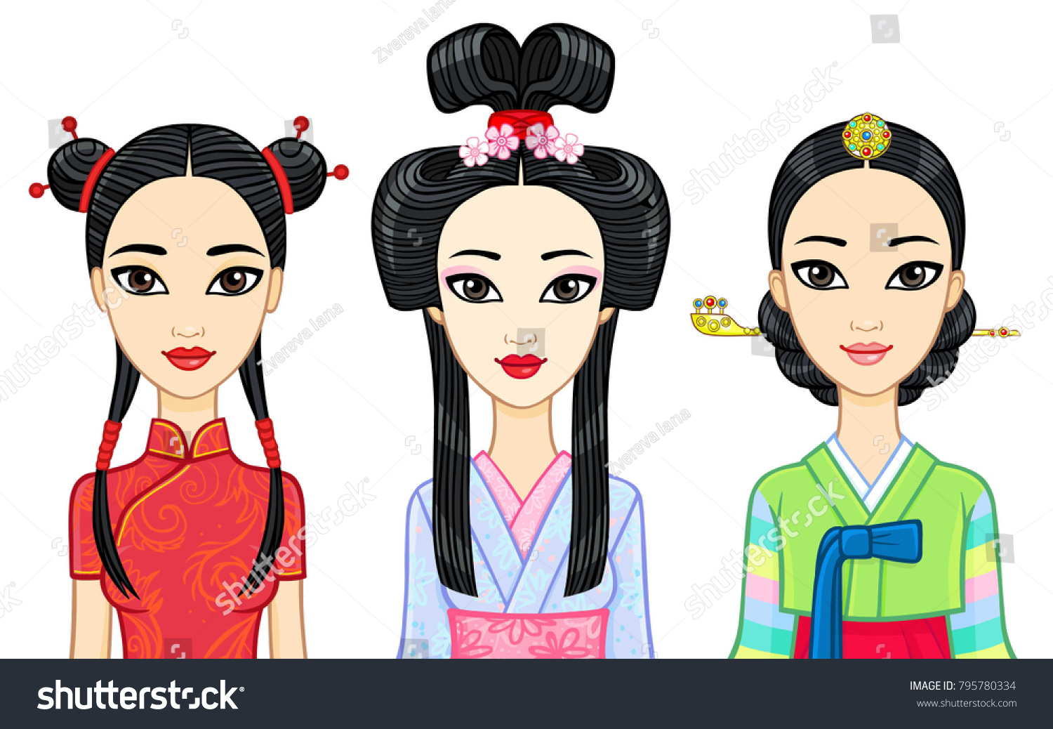 Asian Beauty Set Animation Portraits East Stock Vector (Royalty Free ...