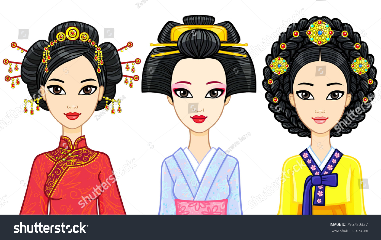 Asian Beauty Set Animation Portraits East Stock Vector (royalty Free 