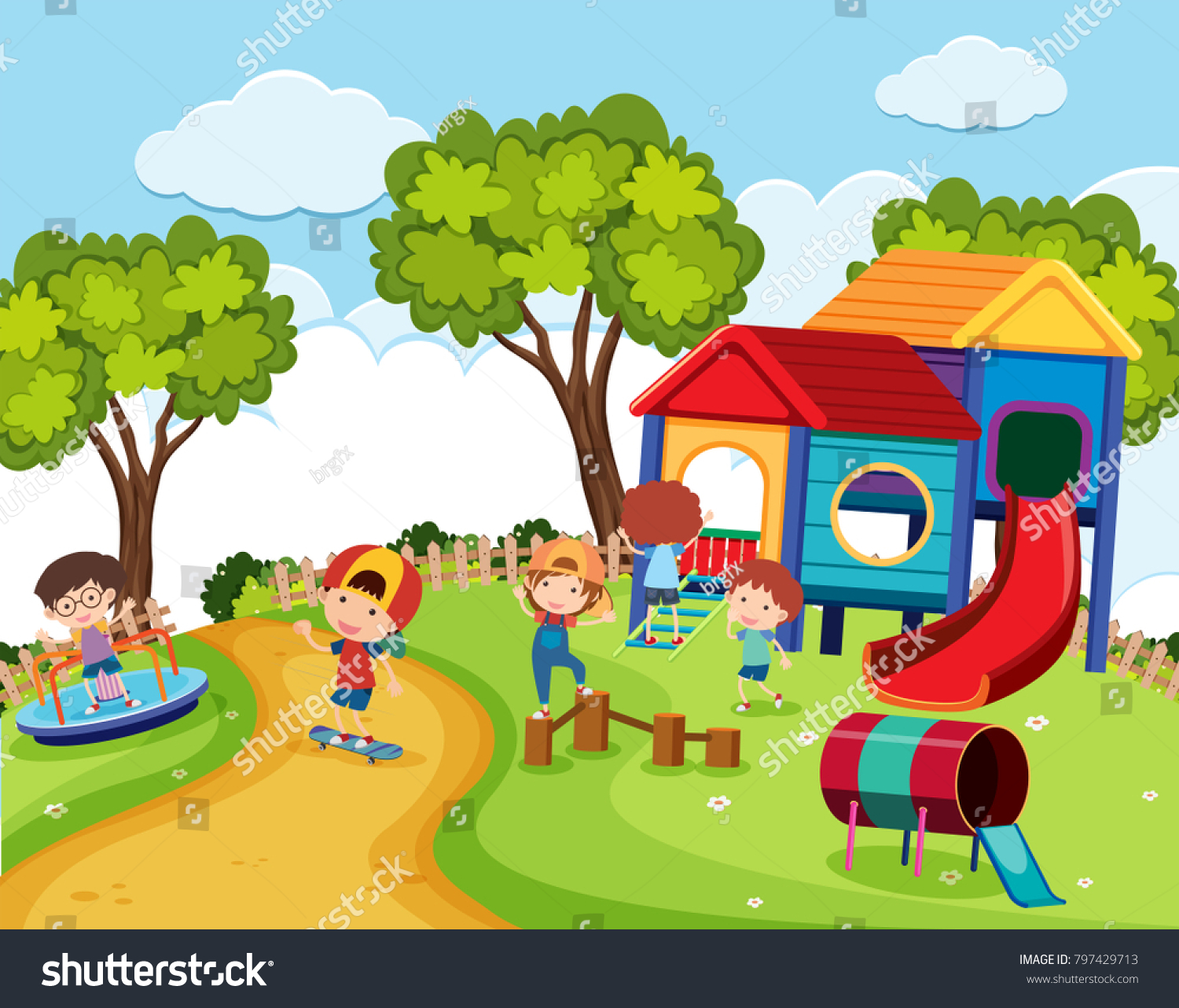 Happy Children Playground Daytime Illustration Stock Vector (Royalty ...