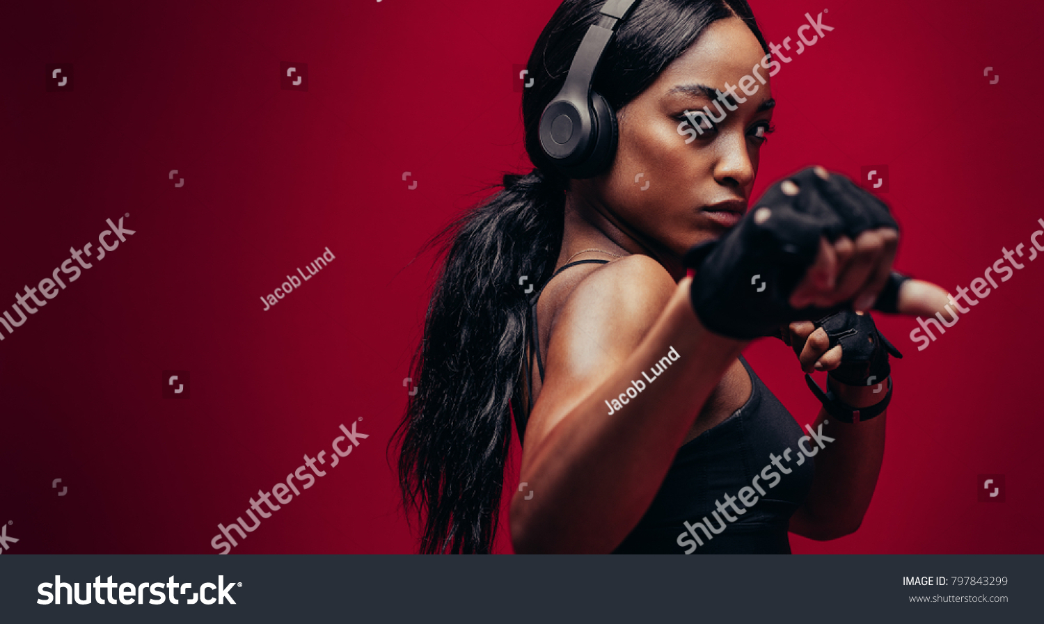 Strong Young Woman Headphones Practising Boxing Stock Photo 797843299 ...