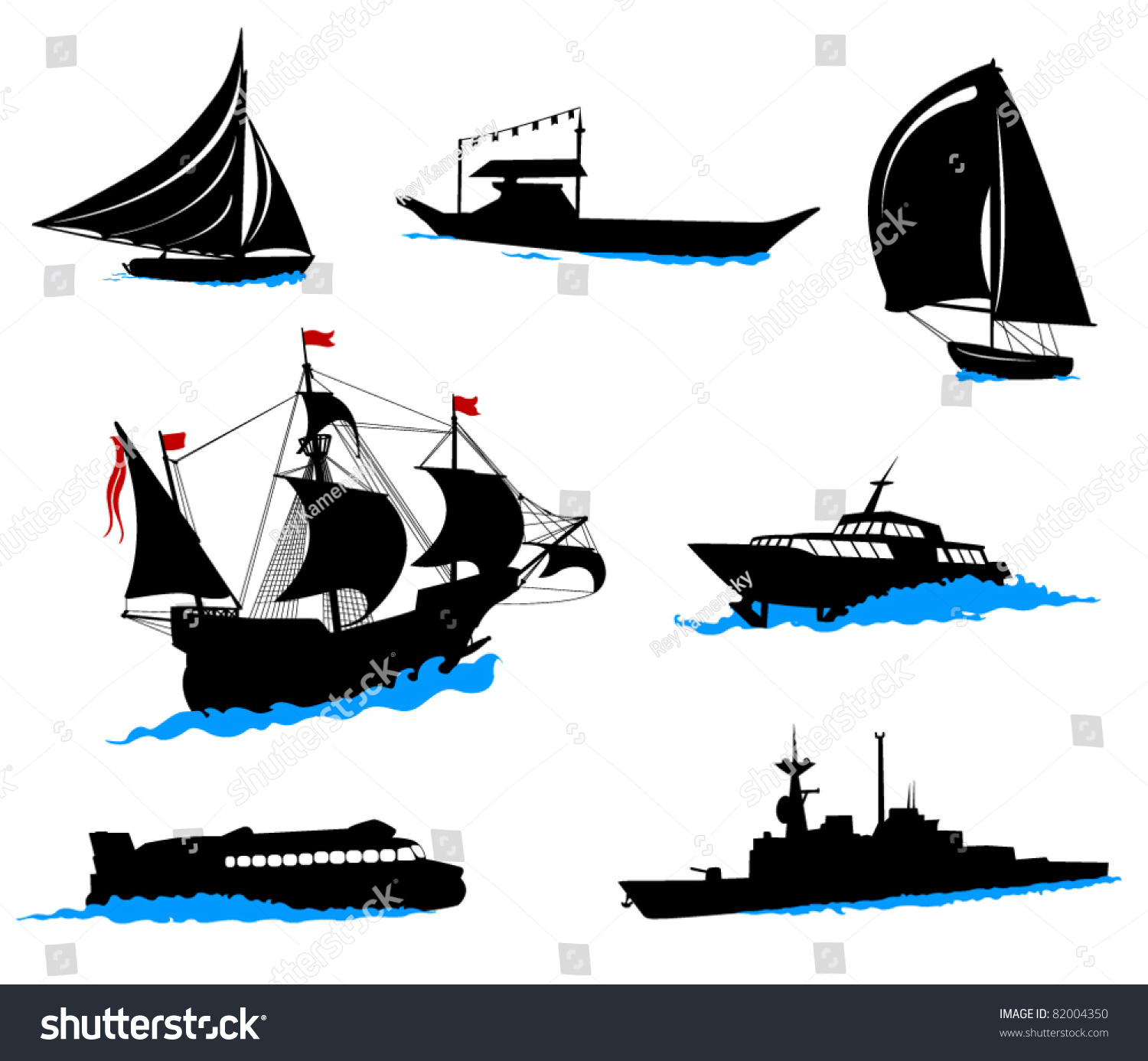 Silhouettes Offshore Ships Yacht Fishing Boat Stock Vector (Royalty ...