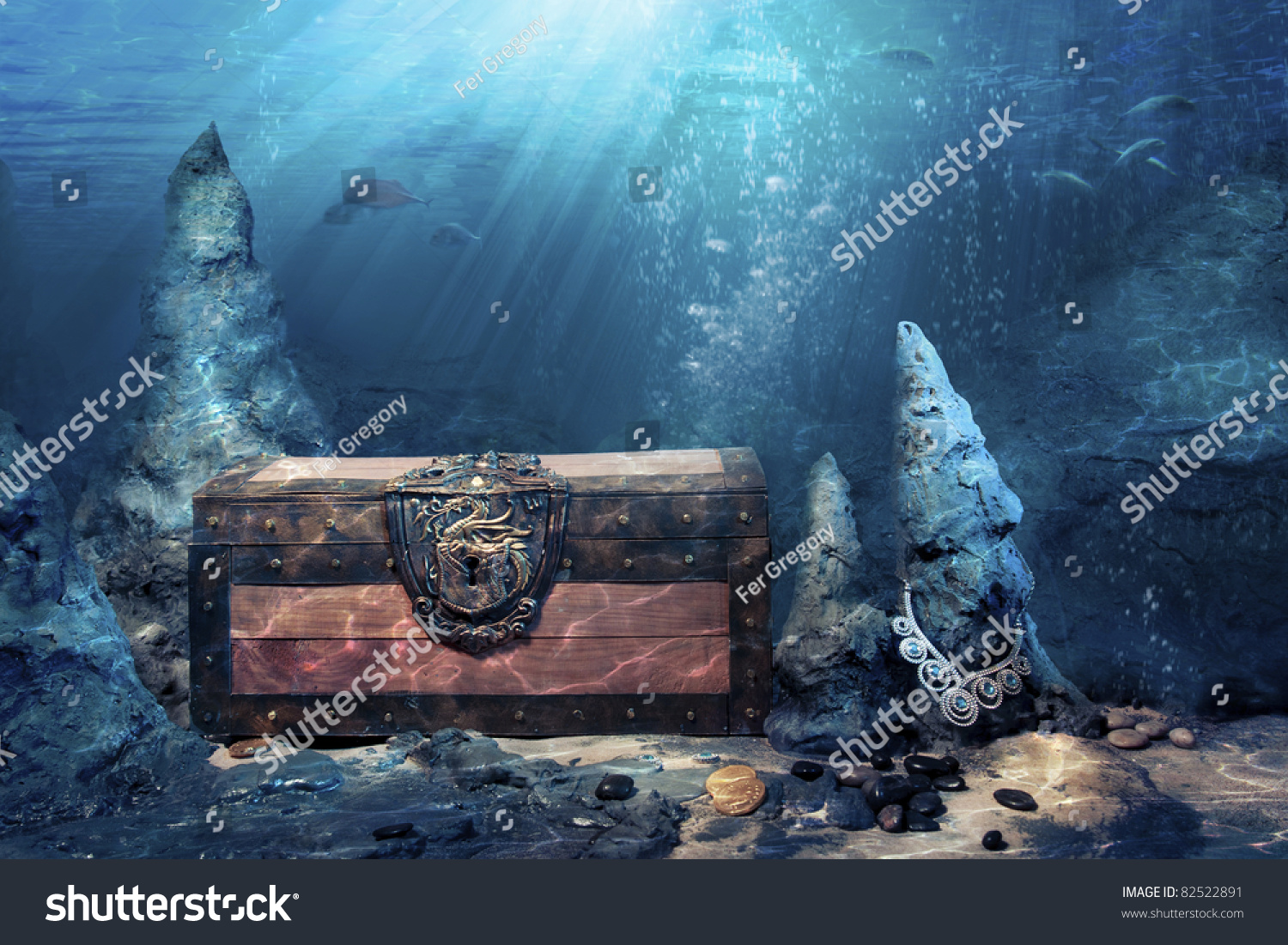 Photo Wooden Treasure Chest Submerged Underwater Stock Photo 82522891 ...