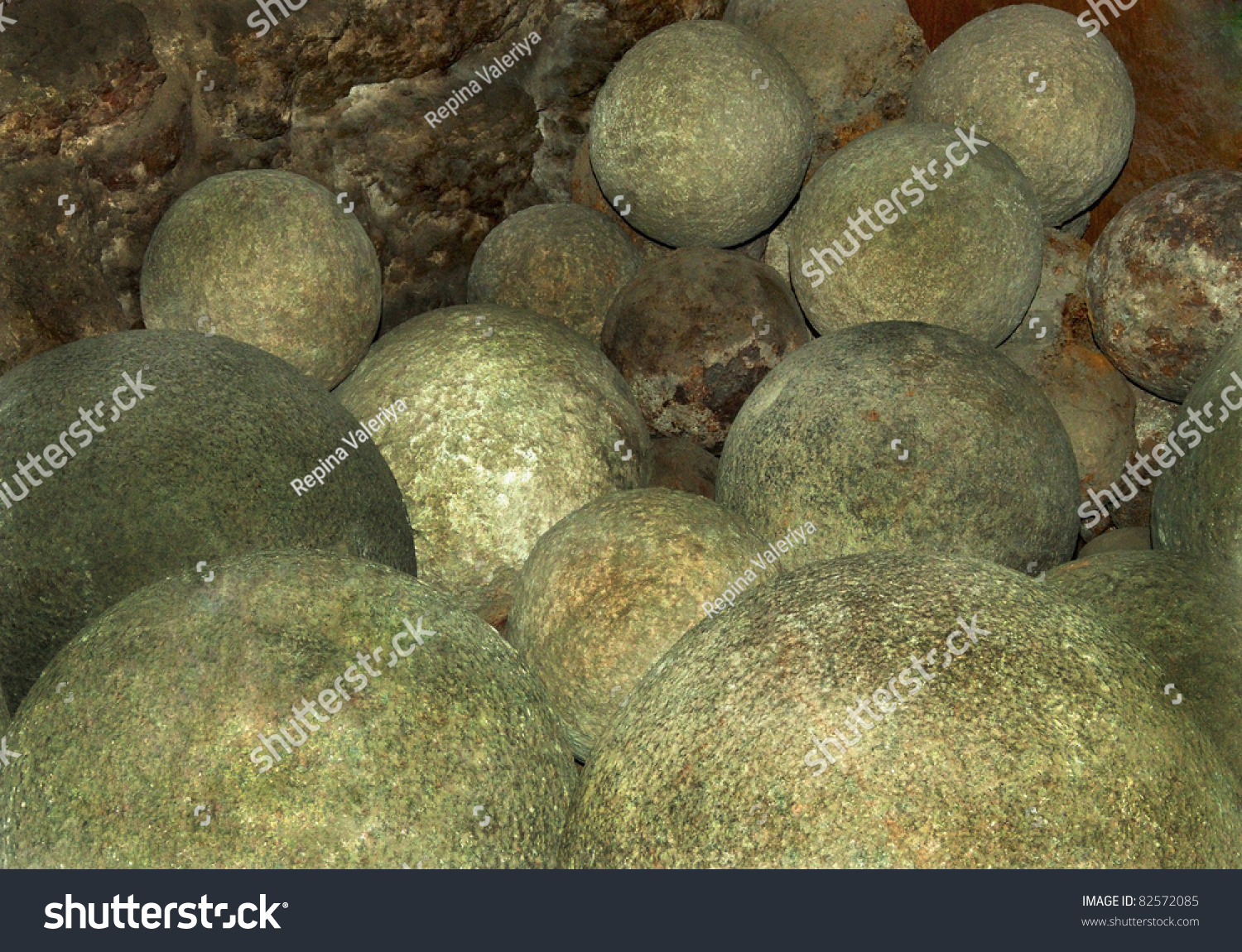 Collection Old Stone Cannon Balls Medieval Stock Photo 82572085