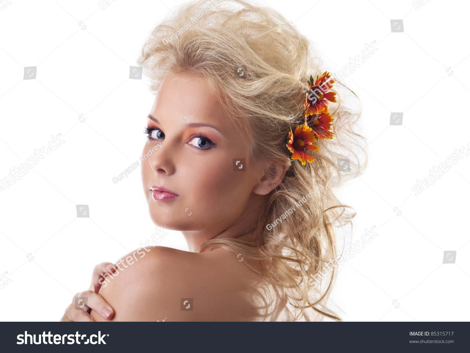 Beauty Naked Woman Portrait Flower Blond Stock Photo