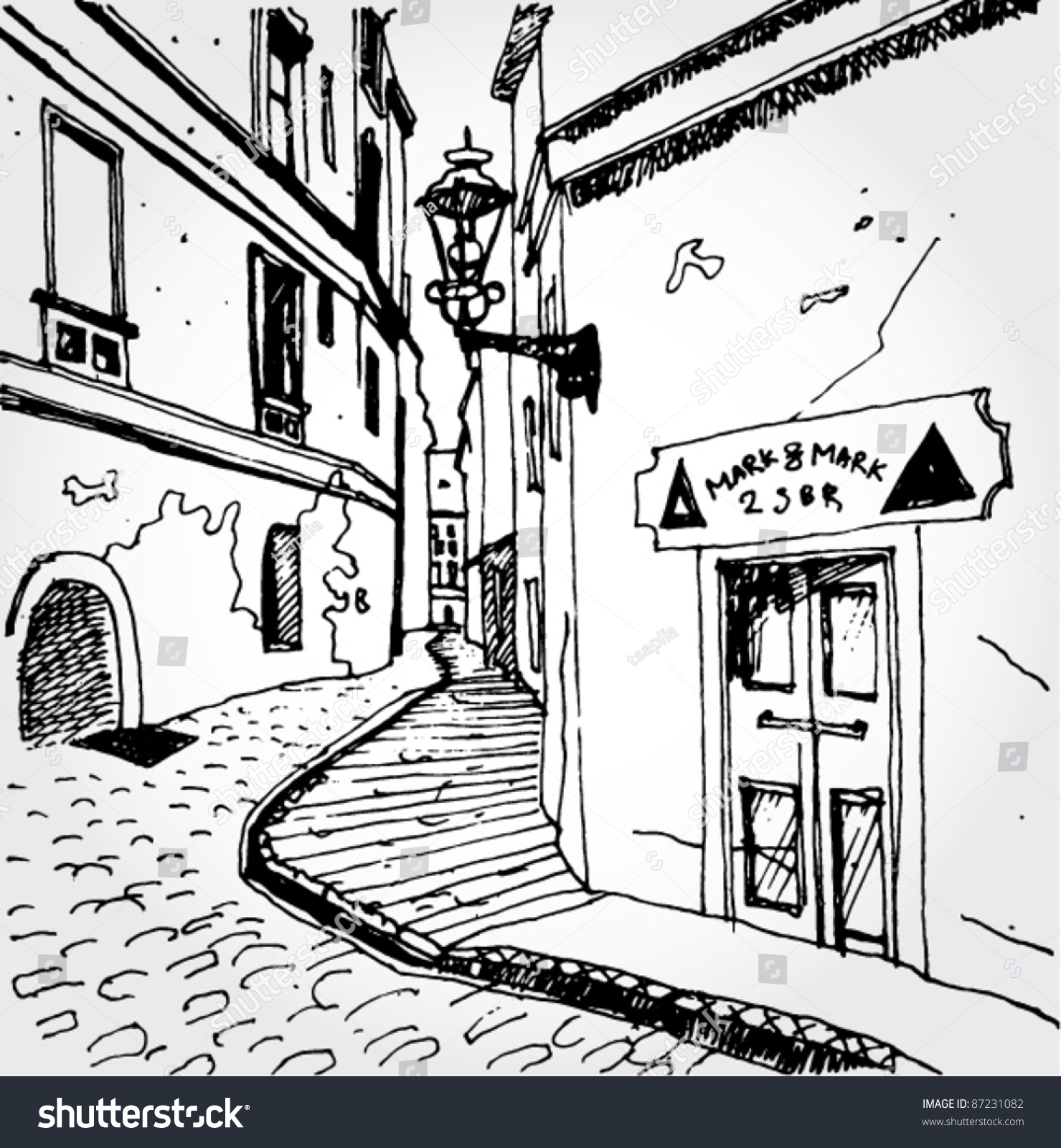 Контурный рисунок улочки старого города