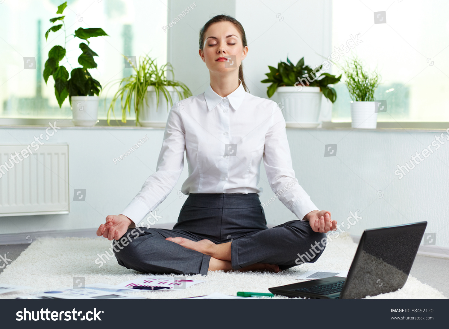 Portrait Attractive White Collar Worker Meditating Stock Photo 88492120 ...