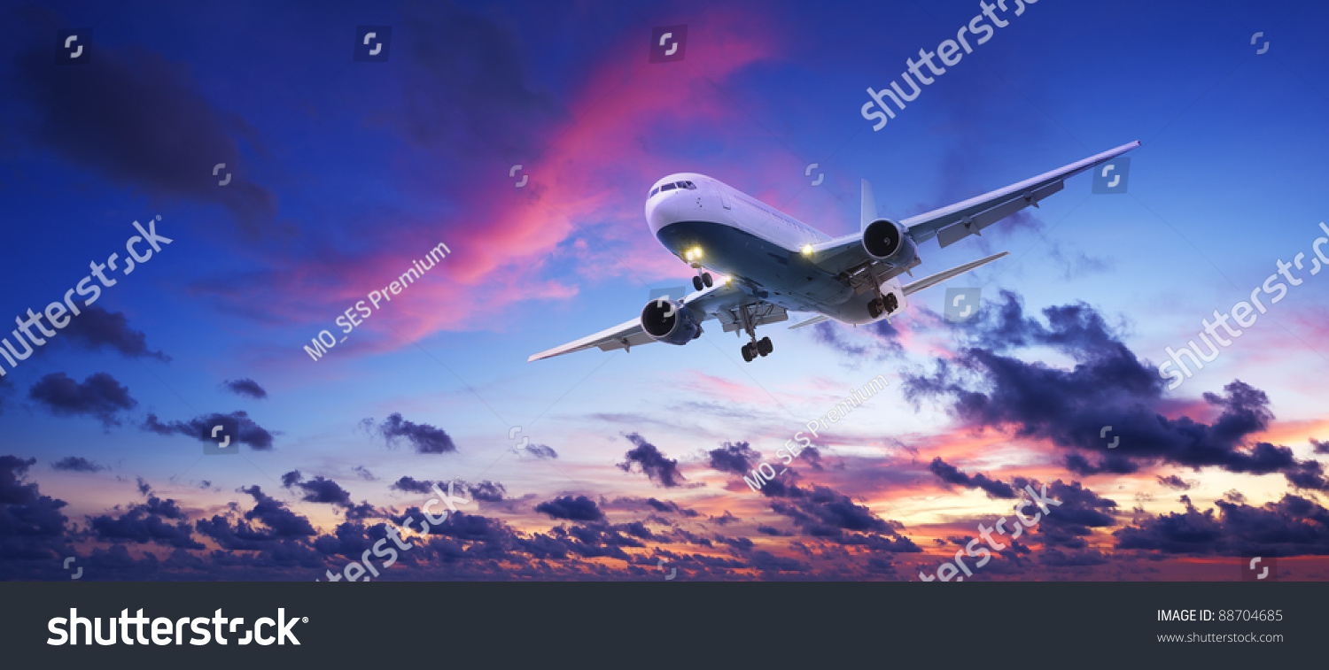 Jet Aircraft Cruising Sunset Sky Panoramic Stock Photo 88704685 ...