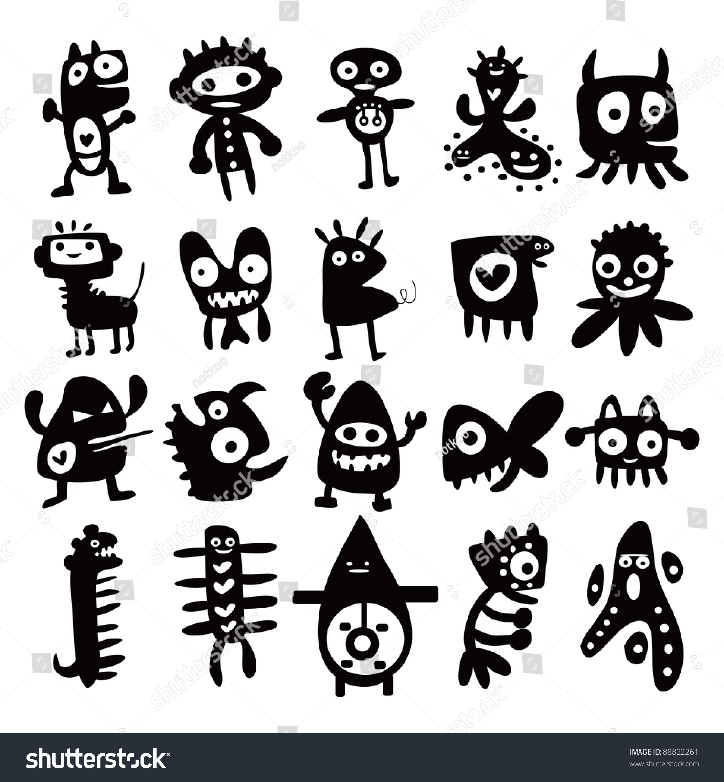 Collection Cartoon Funny Monsters Silhouettes Stock Vector (Royalty ...