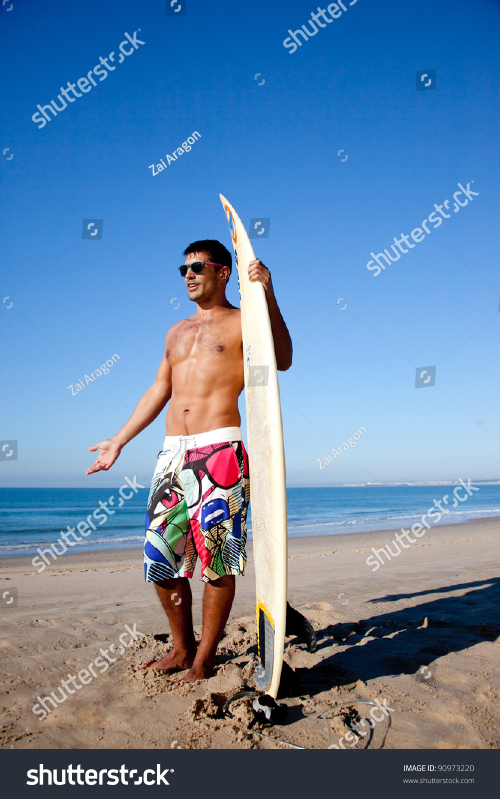 Muscular Surfer On Beach Holding His Stock Photo 90973220 | Shutterstock