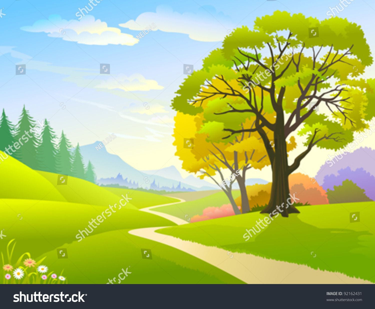 Country Side Trees Hills Lonely Pathway Stock Vector (Royalty Free ...