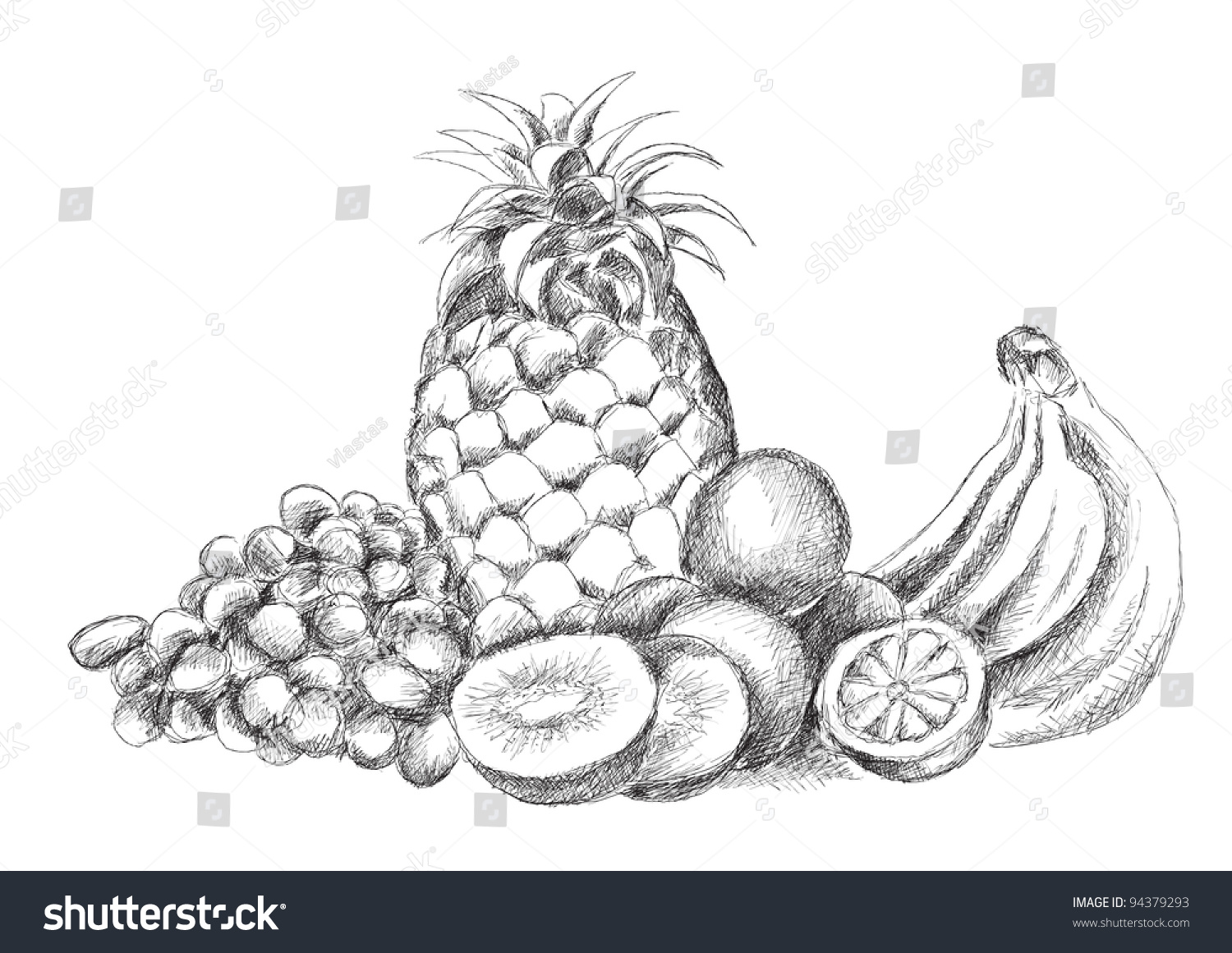 Натюрморт из экзотических фруктов карандашом