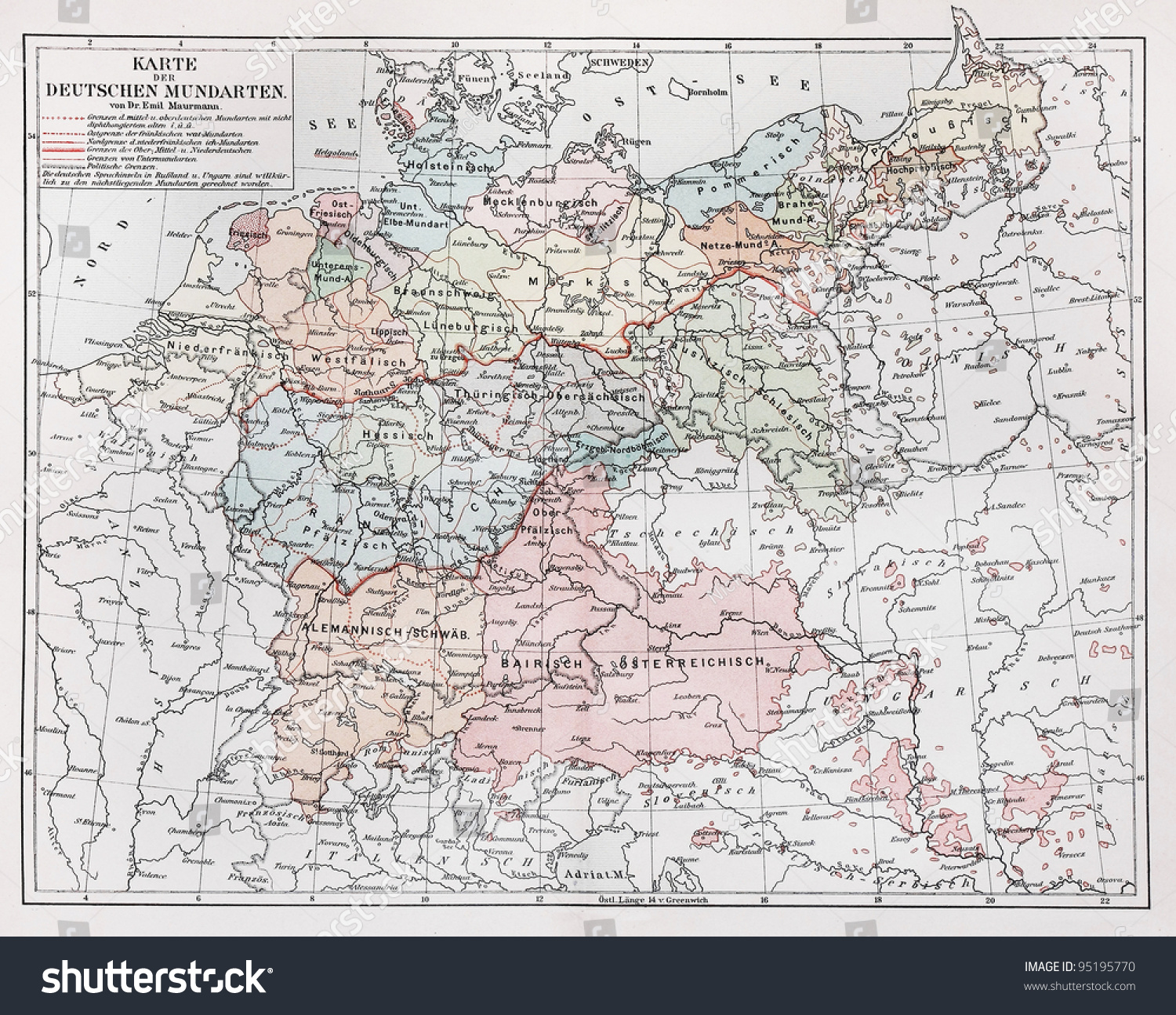 Vintage Map Representing German Dialects Year Stock Photo 95195770   Stock Photo Vintage Map Representing German Dialects In Year Picture From Meyers Lexicon Books 95195770 