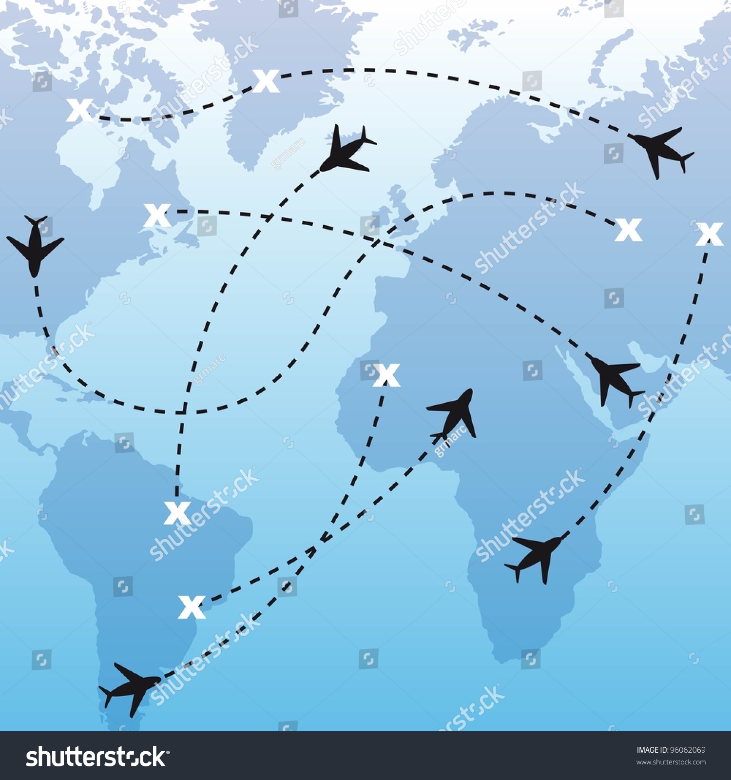 Silhouette Airplanes Over Map Over Blue Stock Vector (Royalty Free ...