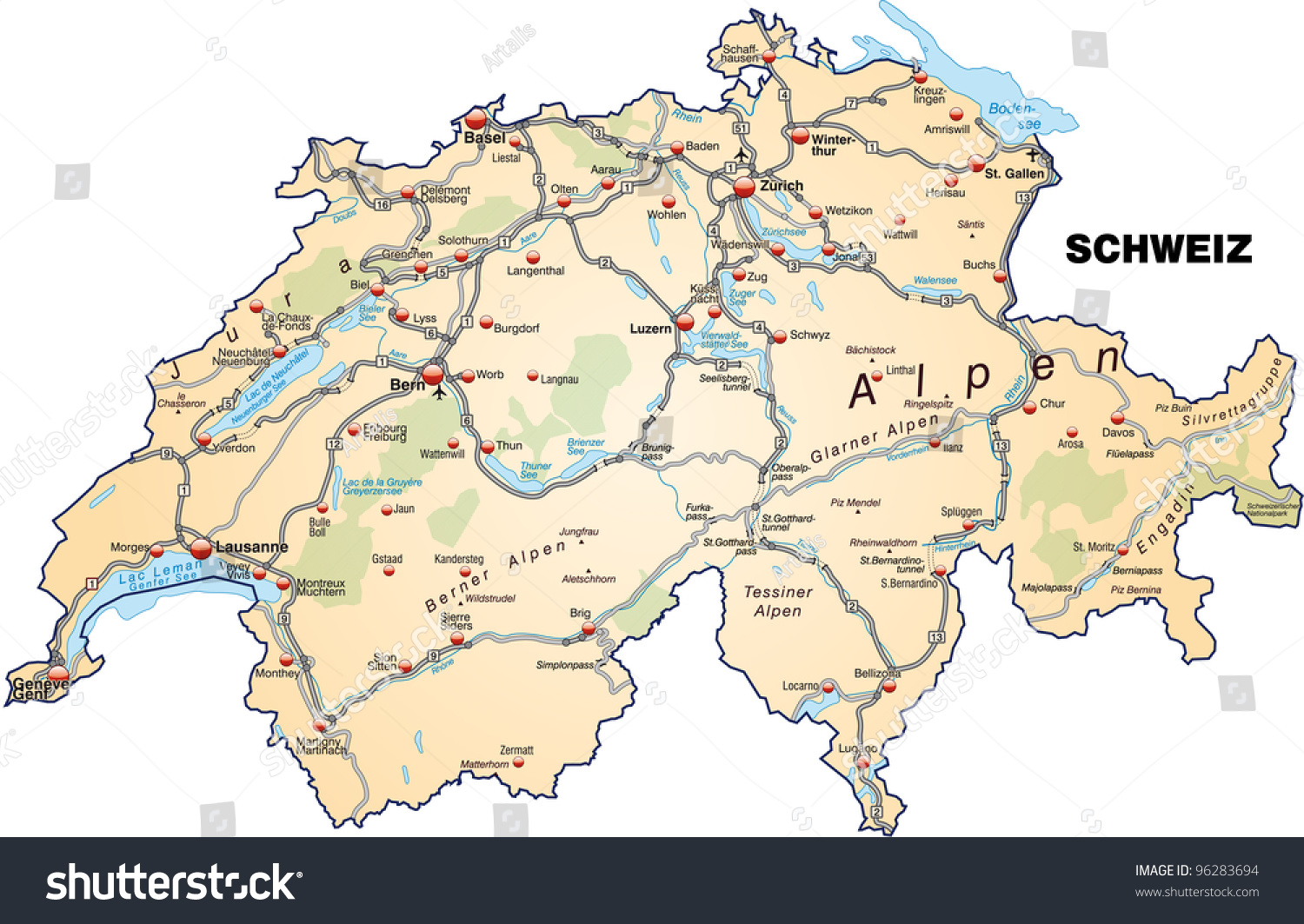 Map Switzerland Highways Stock Vector (Royalty Free) 96283694 ...