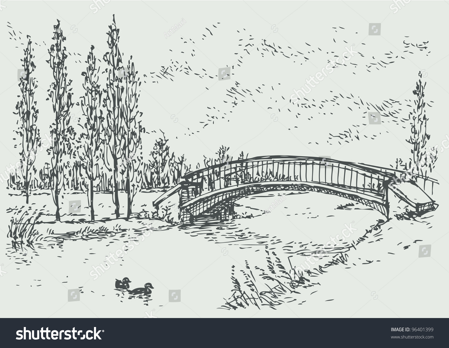 Речка с мостиком рисунок карандашом