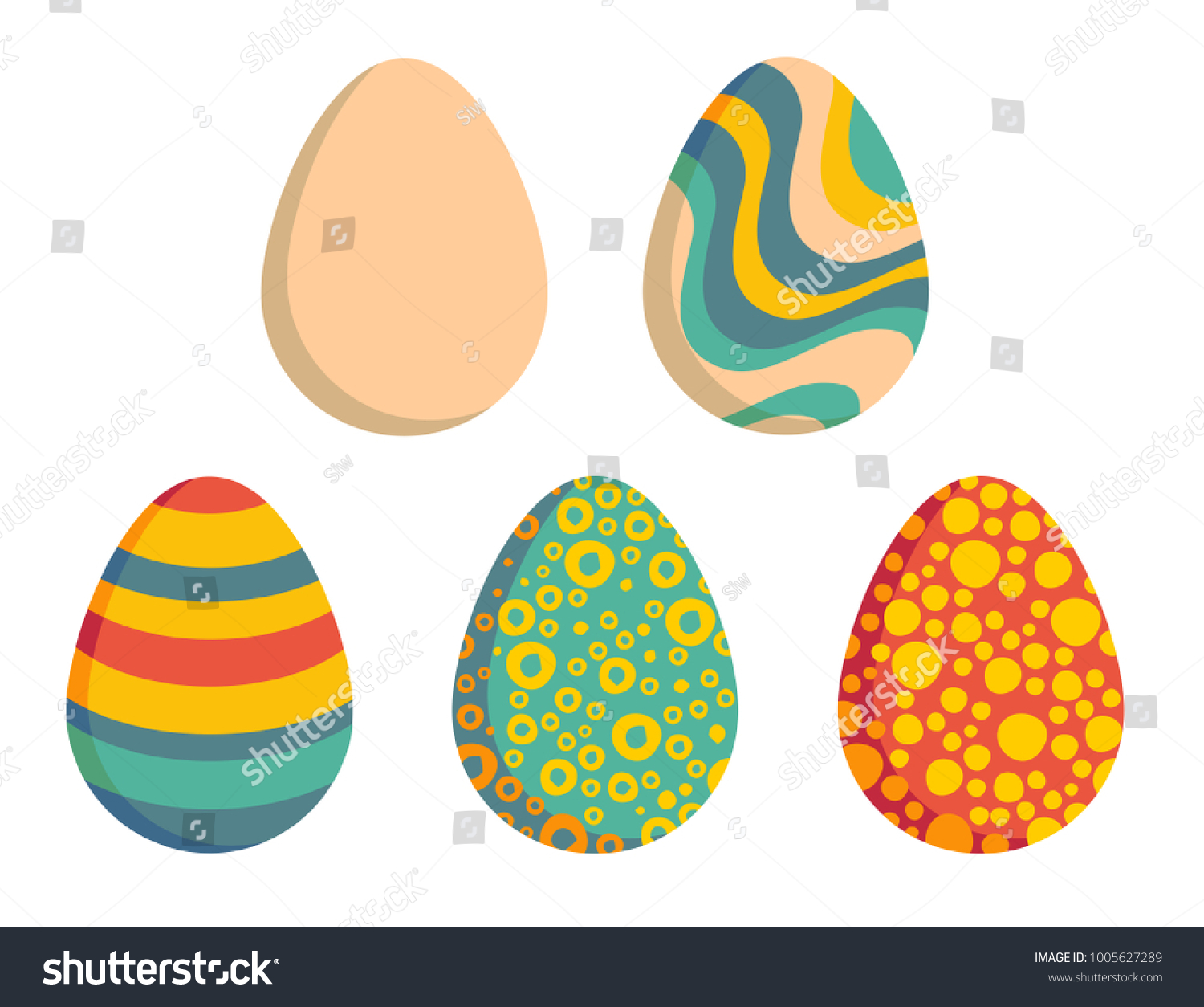 Five Easter eggs, one clear and four colored with strips, dots, rings and waves. Each isolated, so you can choose only one.  #1005627289