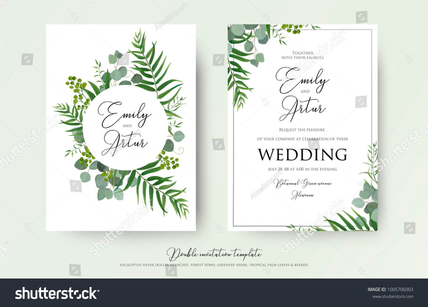 Wedding Invitation, floral invite thank you, rsvp modern card Design: green tropical palm leaf greenery eucalyptus branches decorative wreath & frame pattern. Vector elegant watercolor rustic template #1005706003