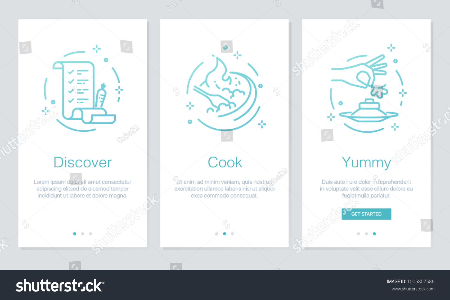Food and Recipes concept onboarding app screens. Modern and simplified vector illustration walkthrough screens template for mobile apps. #1005807586