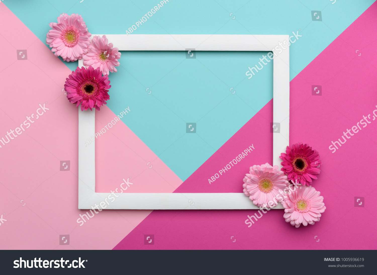 Happy Mother's Day, Women's Day, Valentine's Day or Birthday Pastel Candy Colours Background. Floral flat lay minimalism geometric patterns greeting card. #1005936619