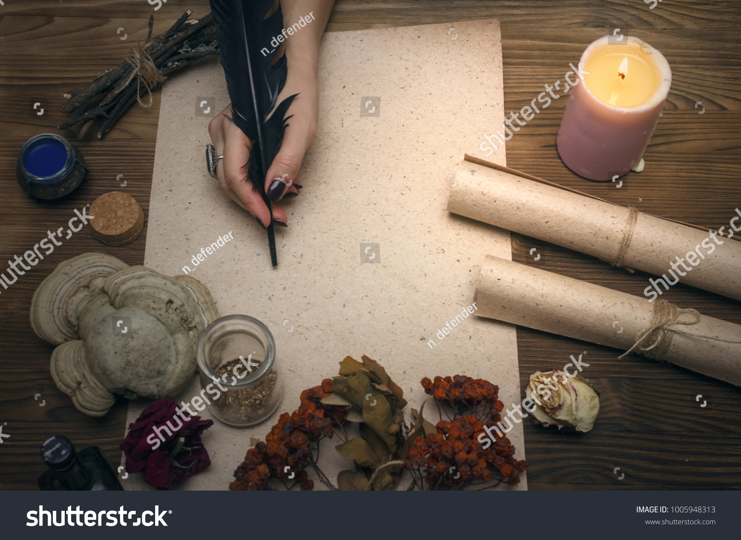 Ancient magic scroll paper sheet with copy space. Witchcraft. Witch doctor desk table. Magic potion. Alternative medicine concept. #1005948313