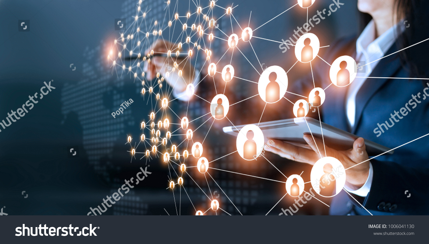 Business woman drawing global structure networking and data exchanges customer connection on dark background #1006041130