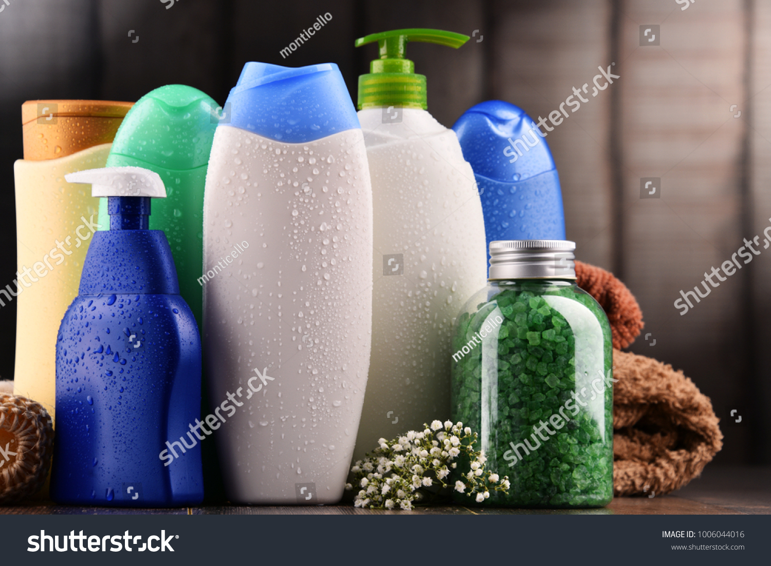Plastic bottles of body care and beauty products. #1006044016