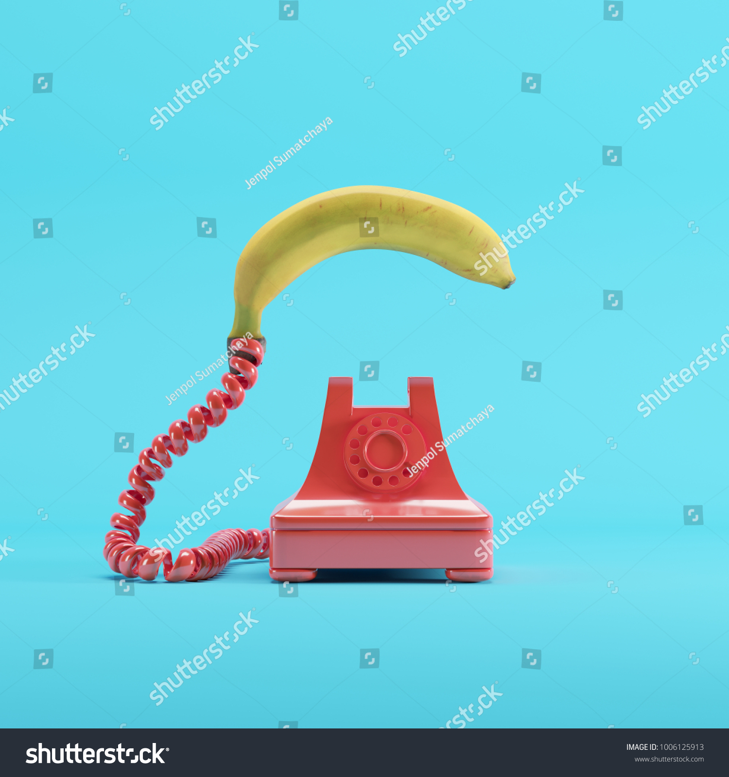 Banana phone with red vintage telephone on blue pastel color background. minimal idea concept. #1006125913