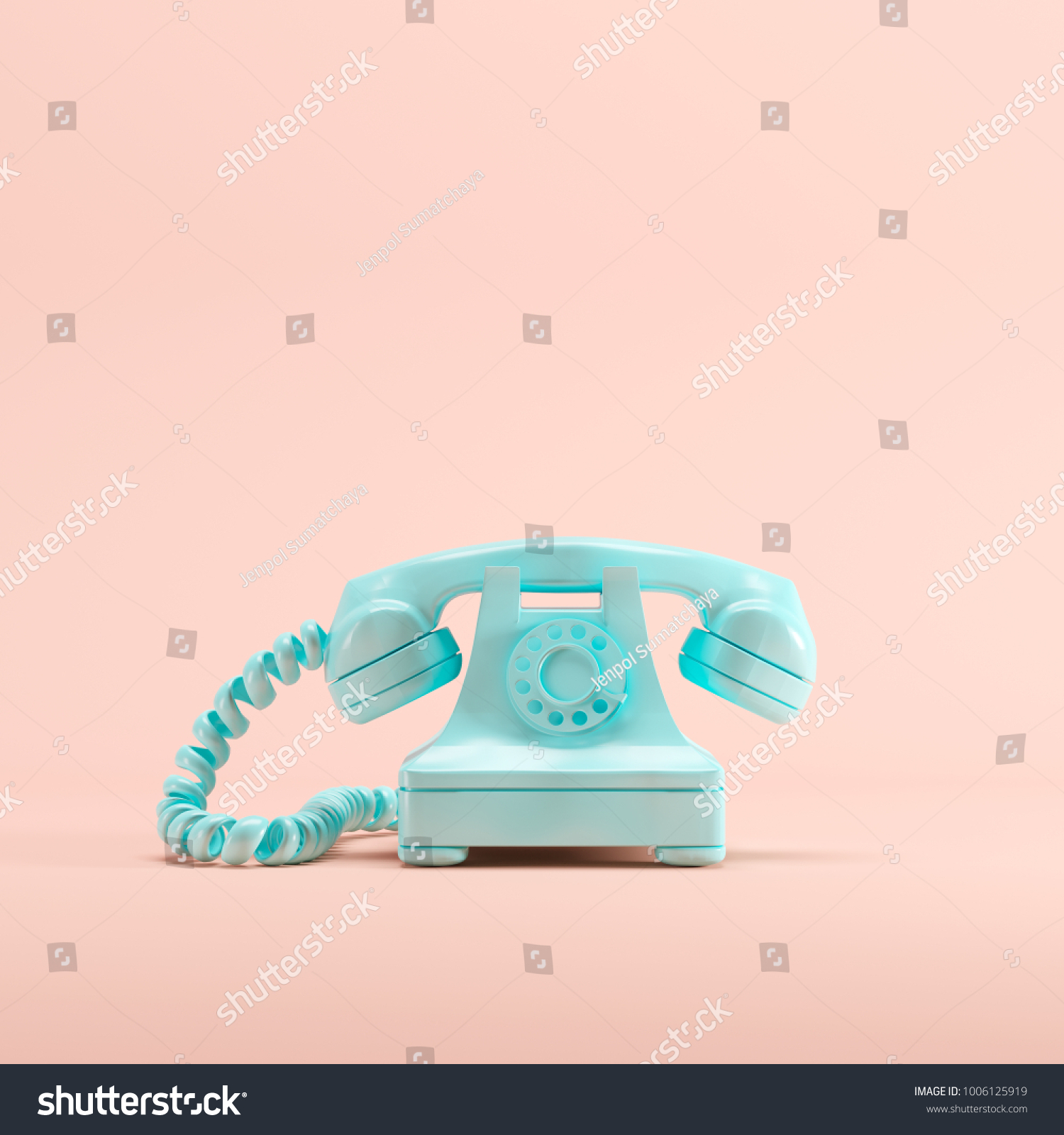 Blue vintage telephone on pink pastel color background. minimal idea concept. #1006125919