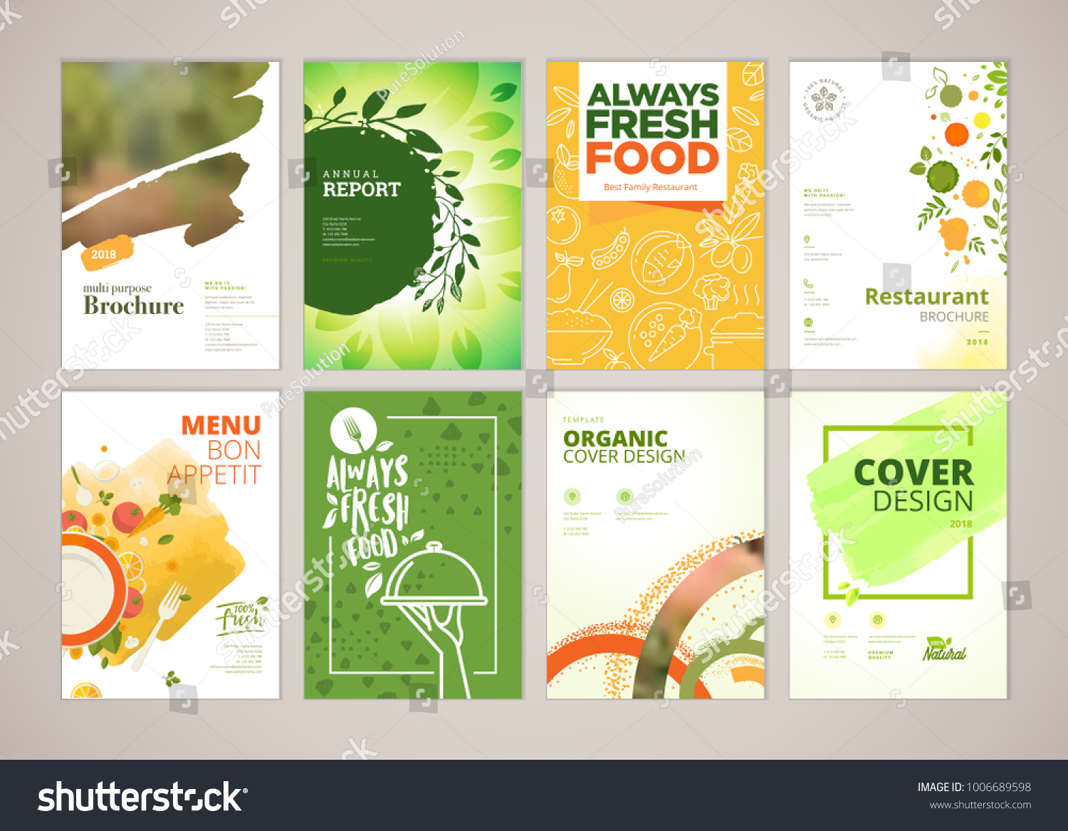 Set of restaurant menu, brochure, flyer design templates in A4 size. Vector illustrations for food and drink marketing material, ads, natural products presentation templates, cover design. #1006689598