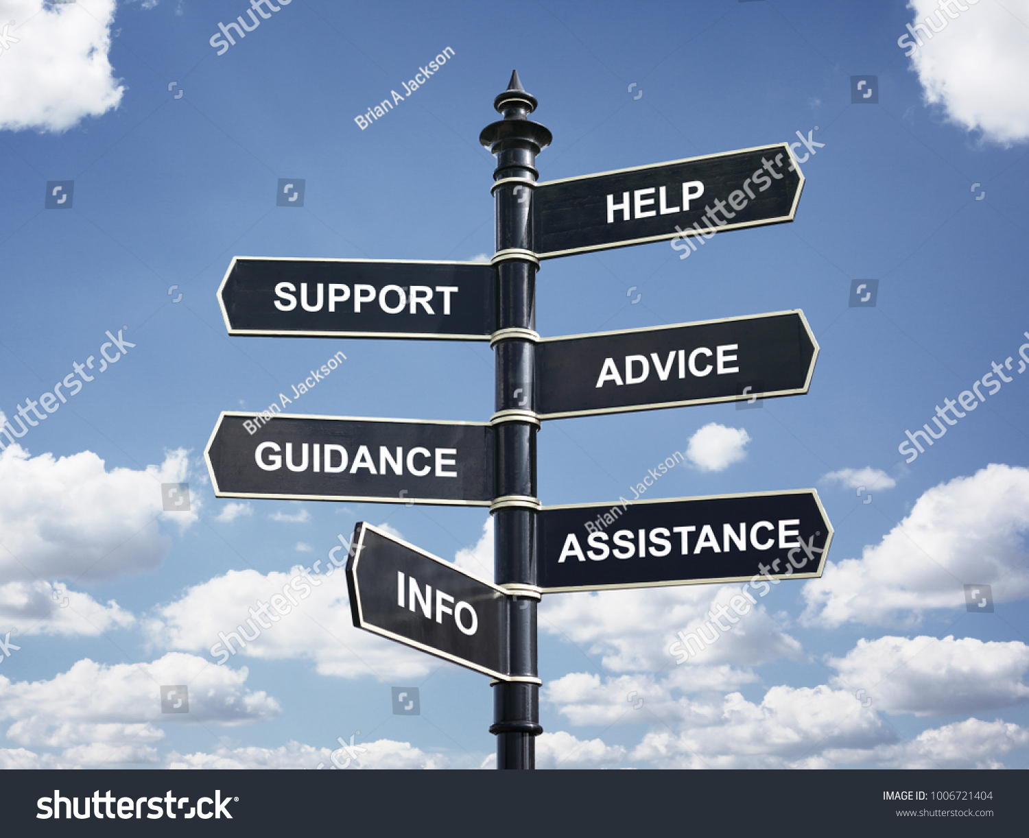 Help, support, advice, guidance, assistance and info crossroad signpost business concept #1006721404
