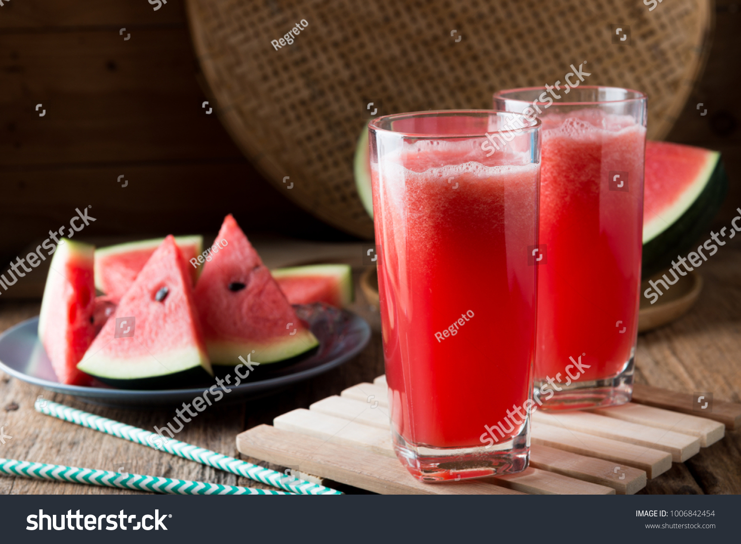 Watermelon smoothie on wood background , healthy drink #1006842454