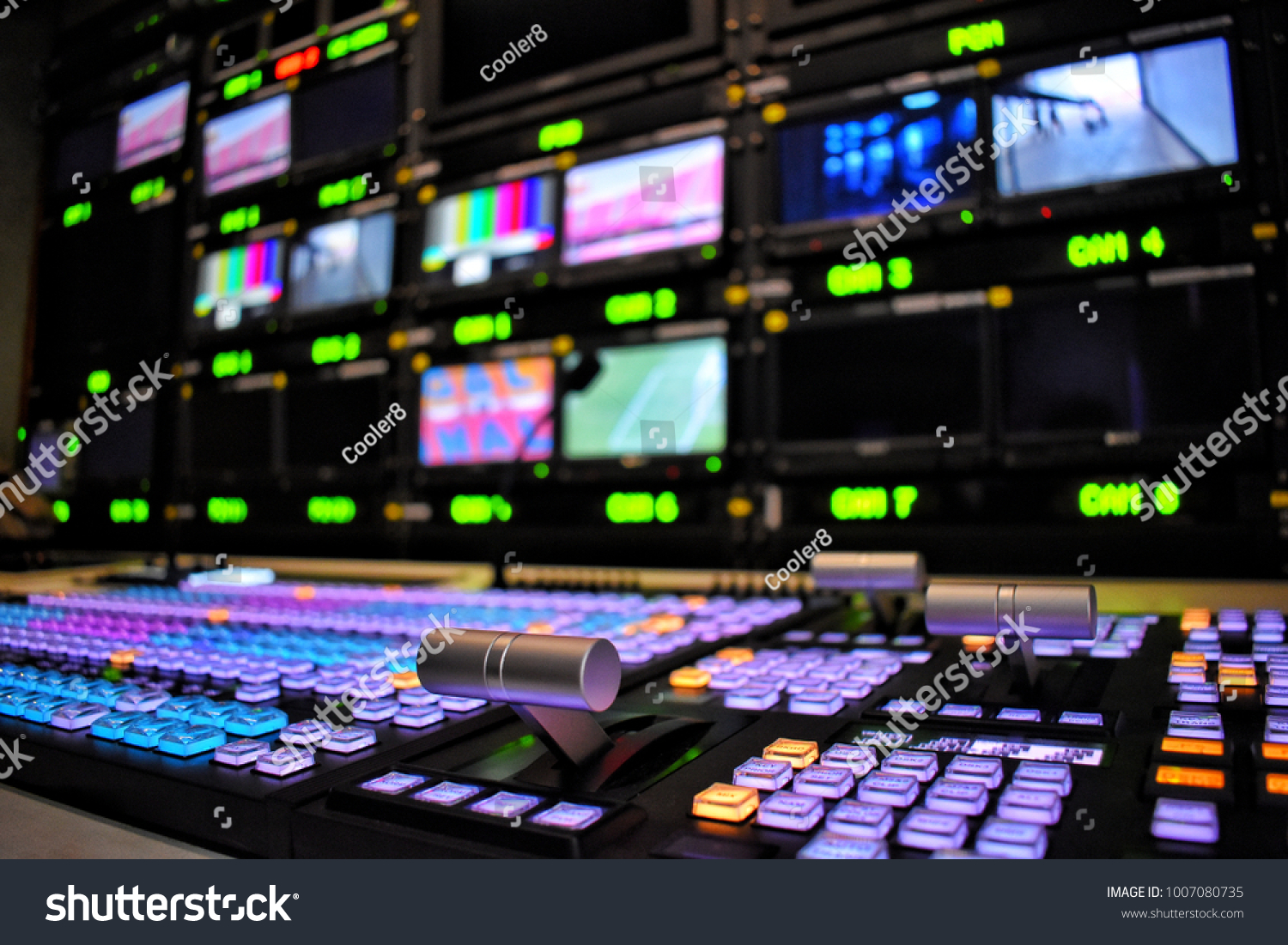 Switchboard for live broadcast production. Equipment in outside broadcasting van. #1007080735