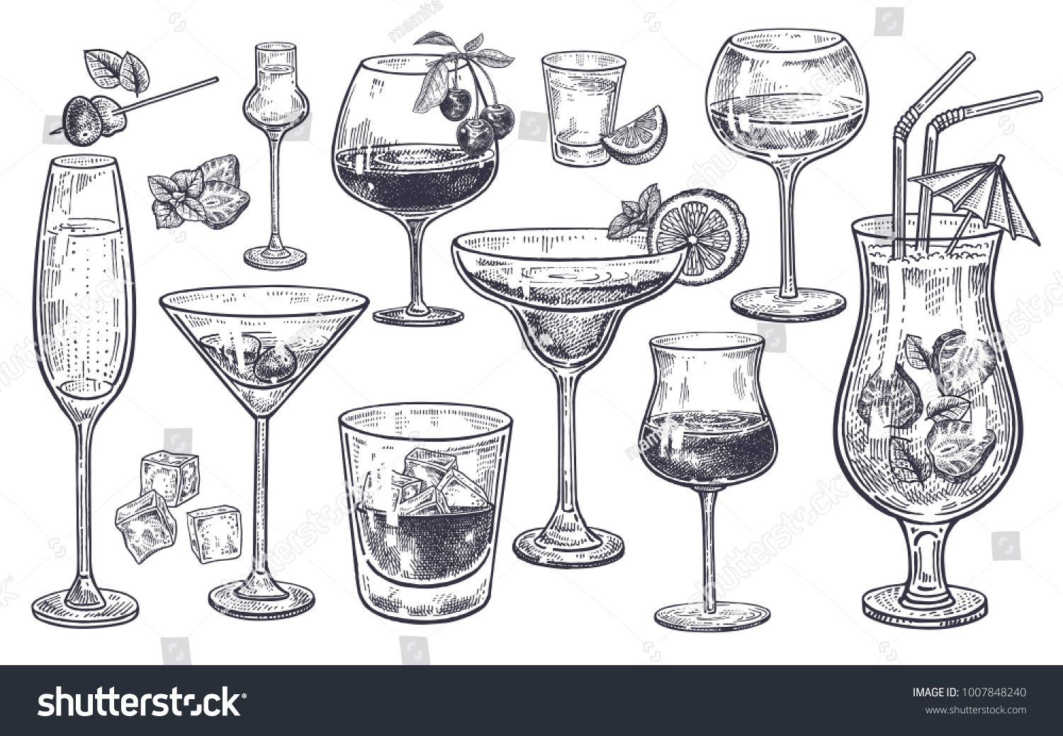 Alcoholic drinks set. Glass of champagne, margarita, brandy, whiskey with ice, cocktail, wine, vodka, tequila and cognac. Isolated black and white vintage engraving. Hand drawing. Vector illustration  #1007848240