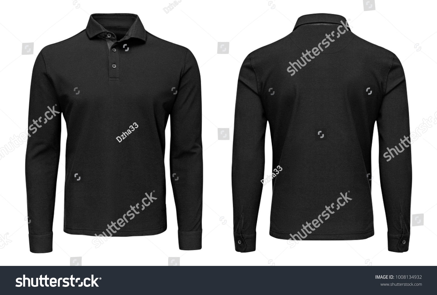 Blank template mens black polo shirt long sleeve, front and back view, isolated on white background with clipping path. Design sweatshirt mockup for print. #1008134932