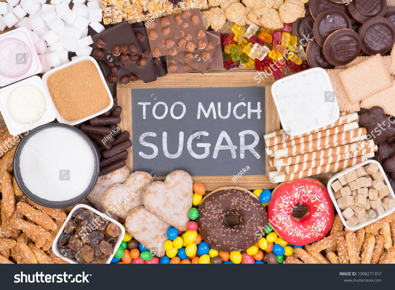 Food containing too much sugar. Sugar in diet causes obesity, diabetes and other health problems #1008271357