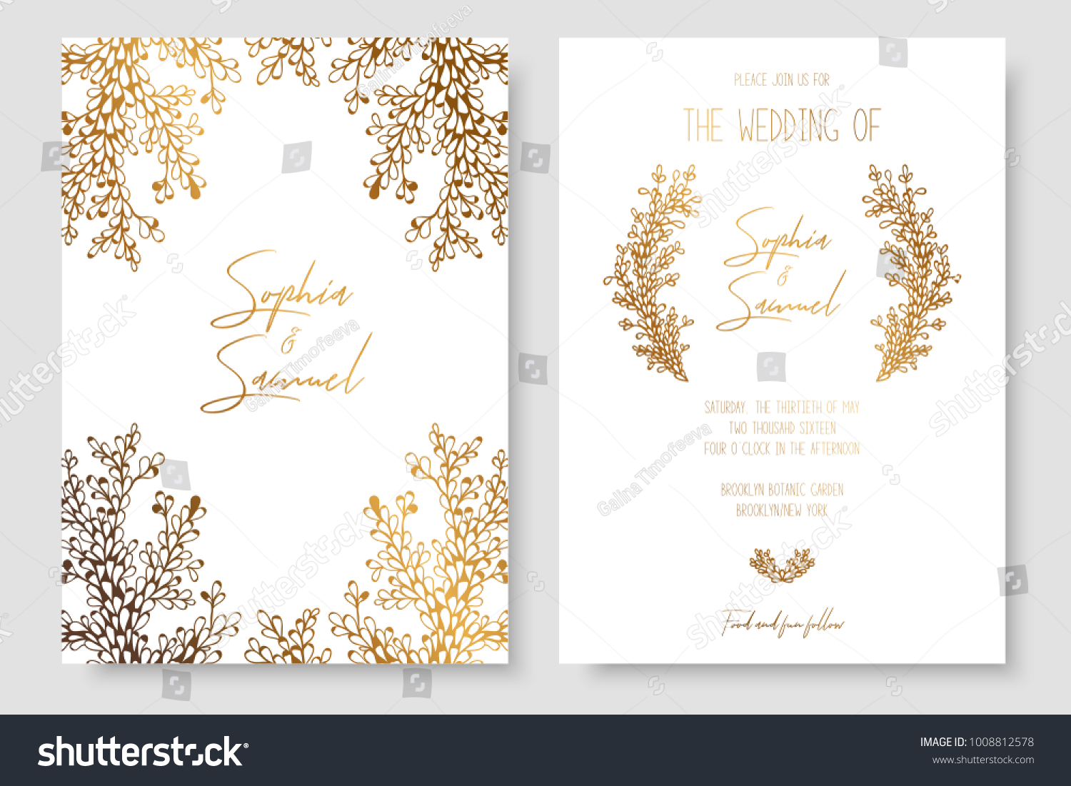 Gold invitation with floral branches. Gold cards templates for save the date, wedding invites, greeting cards, postcards #1008812578