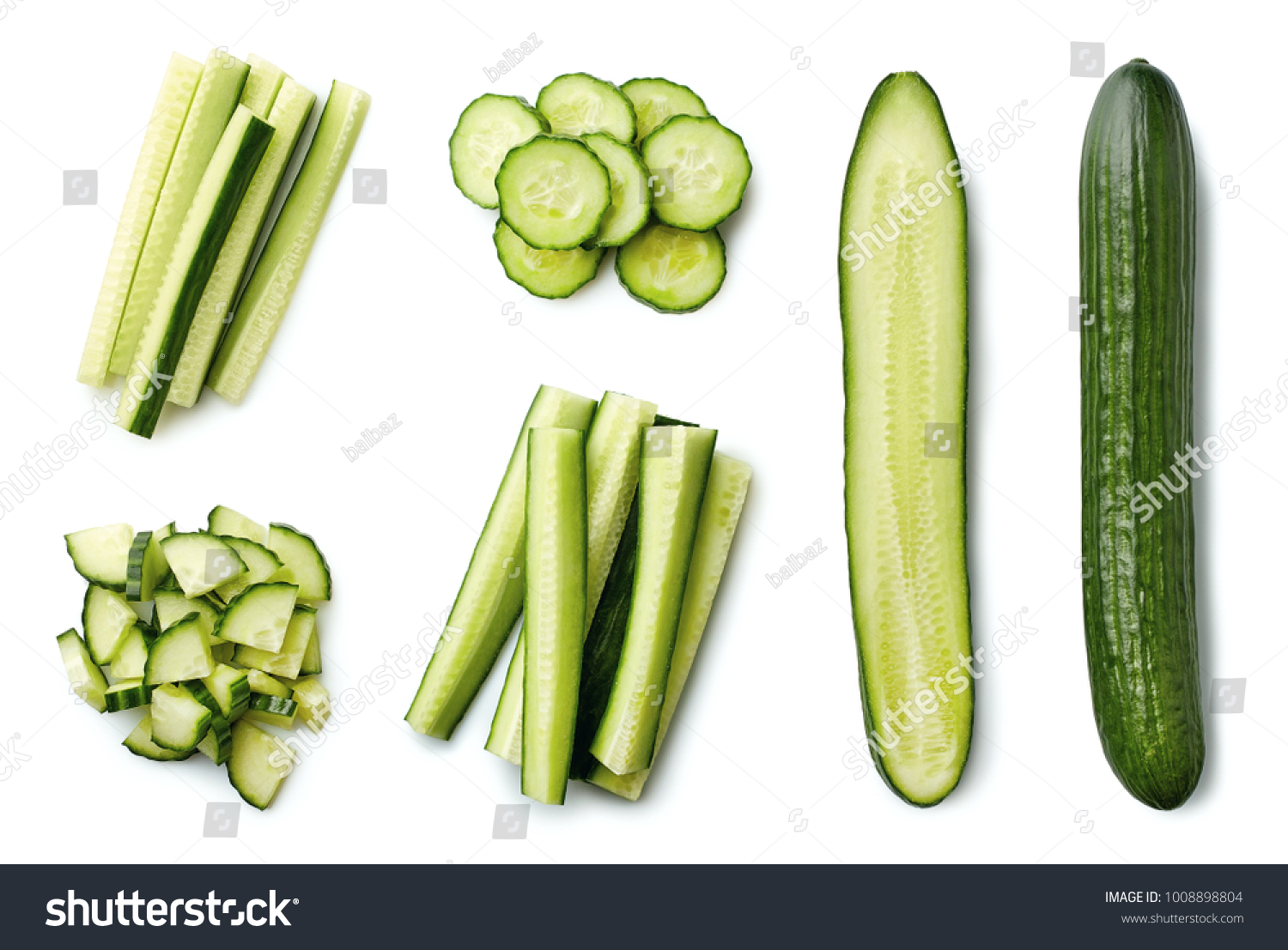 Fresh whole and sliced cucumber isolated on white background. Top view #1008898804