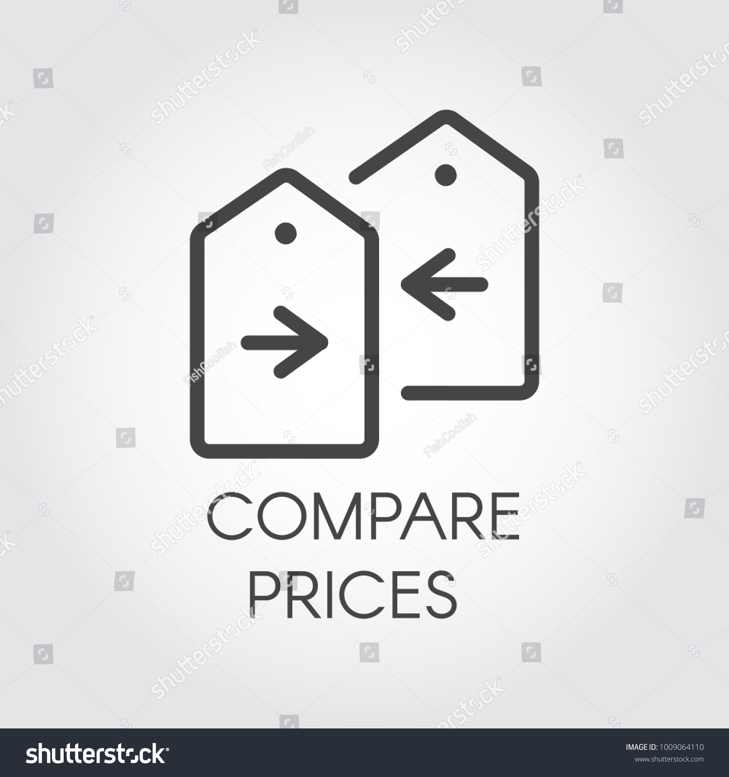 Compare prices icon drawing in line design. Financial comparison outline pictogram. Price-tag with arrow label. Shoosing the best offer concept emblem. Vector illustration #1009064110