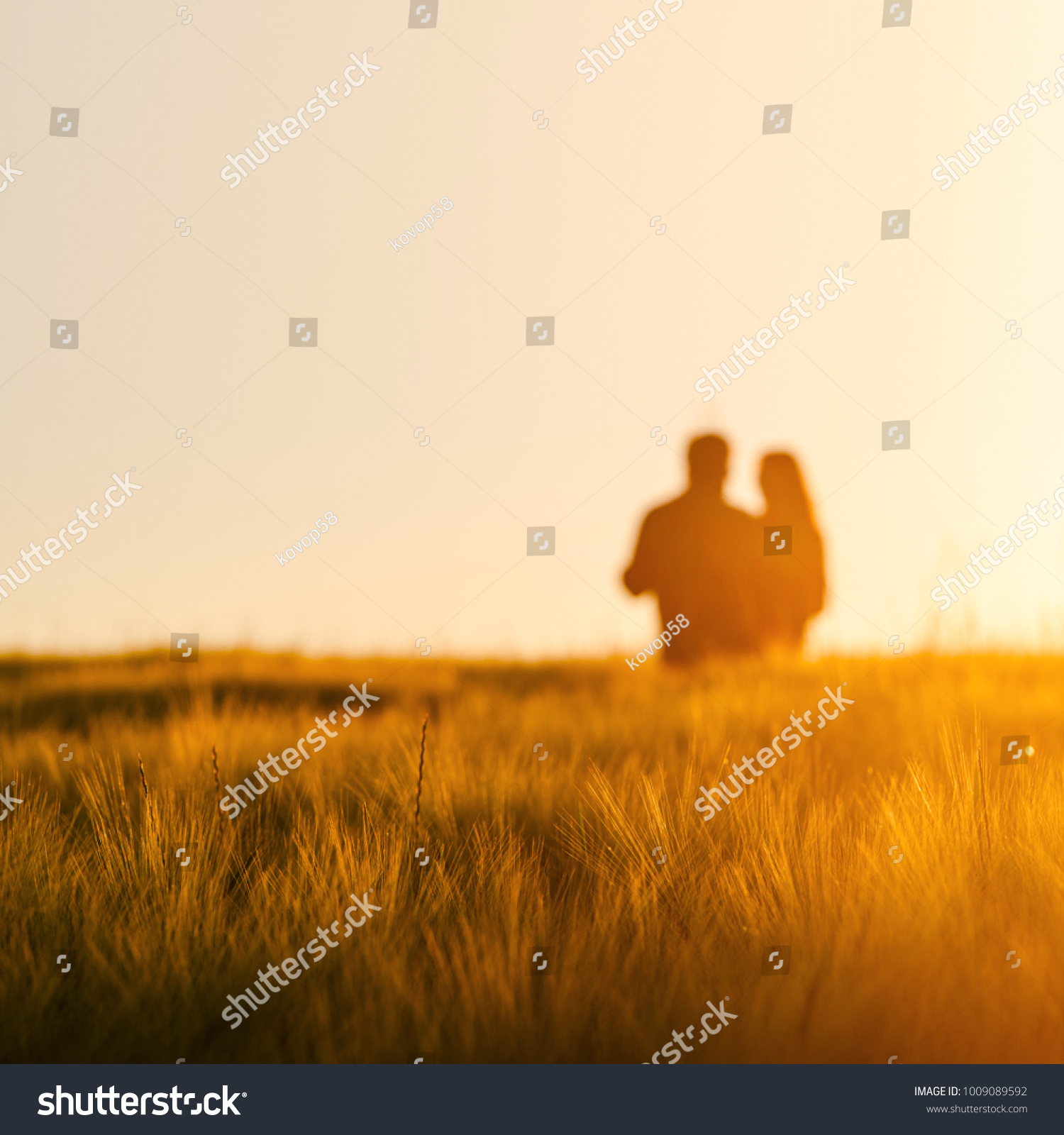 Couple in love dancing together in gold wheat field #1009089592