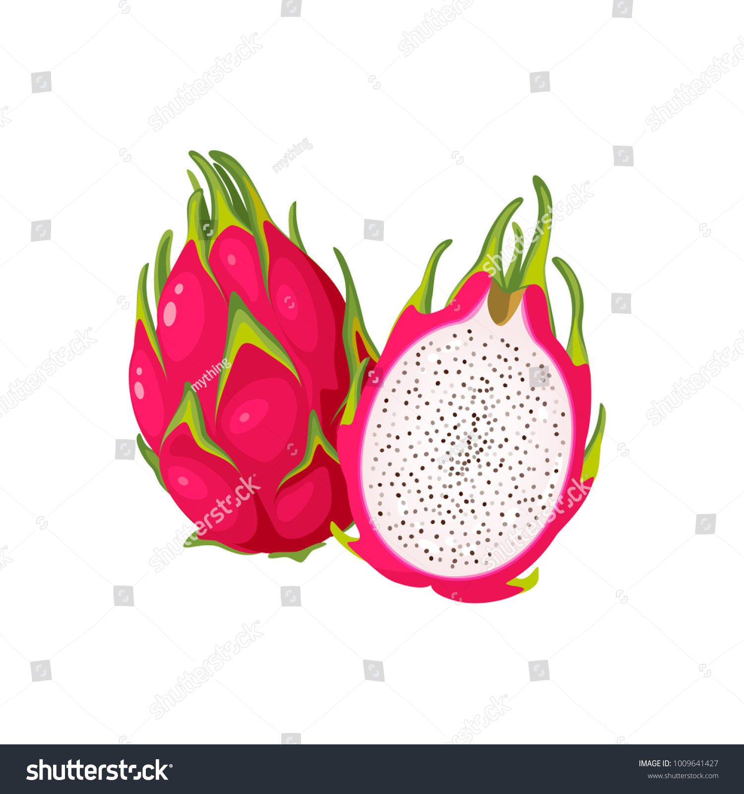 Summer tropical fruits for healthy lifestyle. Red dragon fruit, whole fruit and half. Vector illustration cartoon flat icon isolated on white. #1009641427