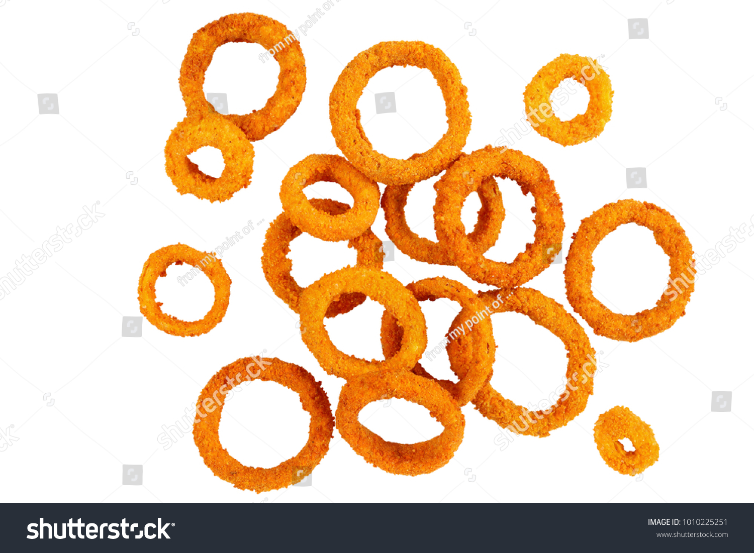 golden breaded fried onion rings isolated on white background, view from above #1010225251